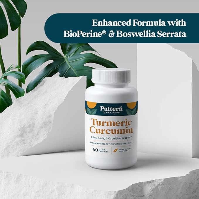 Pattern Wellness Turmeric Curcumin - 1300mg - 95% Curcuminoids with Bioperine Black Pepper Extract - Natural Joint, Health & Cognitive Support - Non-GMO, Gluten Free - 120 Capsules