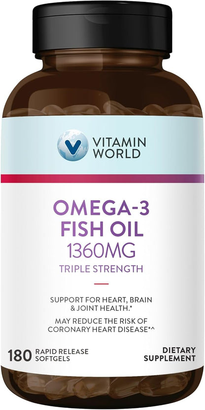 Vitamin World Triple Strength Omega 3 Fish Oil 1360 mg Supplement, 950 mg Active Omega-3 Fatty Acids with EPA & DHA, Supports Heart, Brain & Joint Health, Gluten Free, 180 Softgels, 6 Months Supply