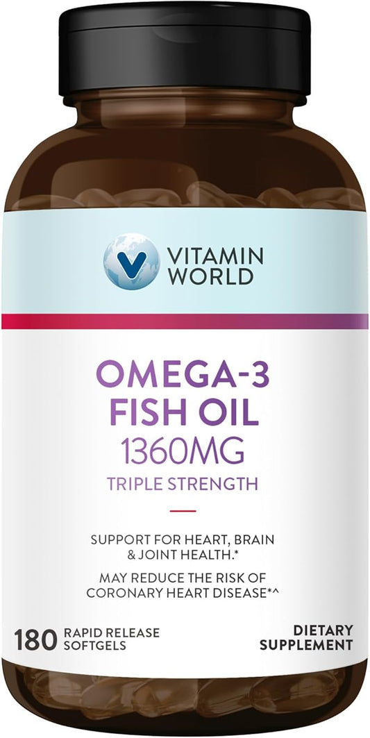 Vitamin World Triple Strength Omega 3 Fish Oil 1360 mg Supplement, 950 mg Active Omega-3 Fatty Acids with EPA & DHA, Supports Heart, Brain & Joint Health, Gluten Free, 180 Softgels, 6 Months Supply