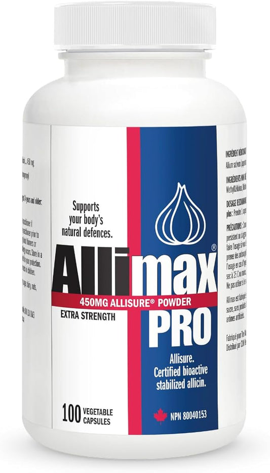 Allimax Pro 450mg 100 Vegicaps. Allicin Garlic Supplement to Support Your Body’s Immune Function. With Stabilized Allicin Extracted from Clean & Sustainable Spanish Grown Garlic. Professional Strength