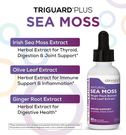 TriGuard Plus Sea Moss - Irish Sea Moss, Olive Leaf & Ginger Root Extract Liquid Tincture 2 fl oz | For Thyroid, Digestion, Immune Support & Energy | Alcohol-Free, Non-GMO, Made in USA
