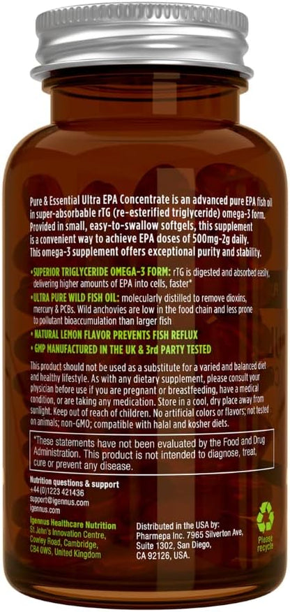 Igennus Ultra Pure Omega-3 EPA 500mg, Highly Concentrated IFOS Certified Wild Fish Oil, Advanced rTG Triglyceride Form, Non-GMO, 180 Small Softgels