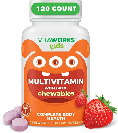 Kids Multivitamin with Iron & Minerals Chewable Tablets - Mixed Fruit Flavor - Vegetarian, GMO-Free, Nut Free - Dietary Supplement - Digestive Support for Children - 120 Chewables",