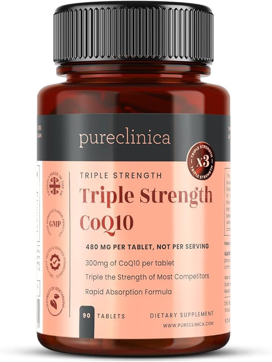 pureclinica Fermented CoQ10 300mg x 90 Tablets. Non GMO, USP Grade. with Added Vitamin C and Black Pepper Extract for Absorption.