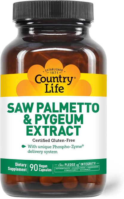 Country Life Saw Palmetto & Pygeum Extract - Prostate Health Supplement for Men's Health - Promotes Healthy Urinary Tract Function, 90 Capsules