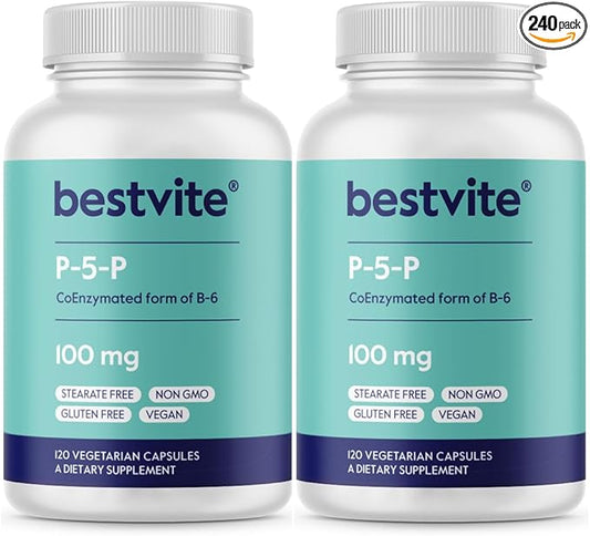 BESTVITE P-5-P 100mg (240 Vegetarian Capsules) (120 x 2) (CoEnzymated Form of B-6) - No Stearates - Vegan - Non GMO - Gluten Free