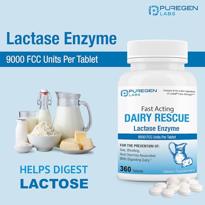 Puregen Labs Dairy Relief Fast Acting Lactase Enzyme 9000 FCC, Lactose Intolerance Pills 360 Tablets