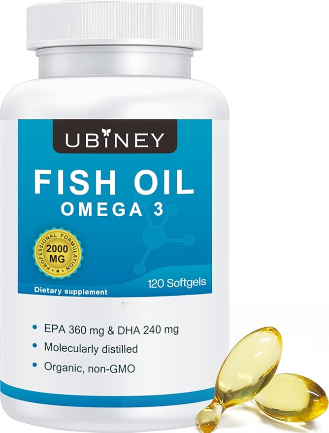 Omega 3 Fish Oil 2000mg Softgels, 120 Count - High Potency EPA 360mg + DHA 240mg, Burpless Fish Oil Supplement for Heart, Brain & Joint Health, Non-GMO, Molecularly Distilled, Vitamin E