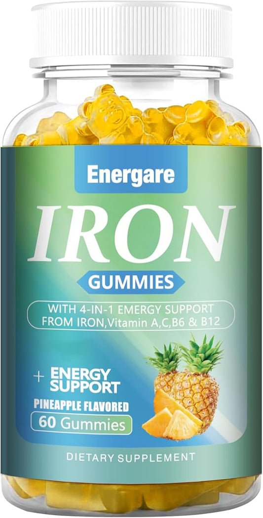 1 Pack Vegan 100Mg Iron Supplement Gummies for Women & Men - Vitamin A, C, B - Energy Support for Iron Deficiency, Anemia, Adults ＆Children, Pineapple Flavor Gummy, 60 Counts