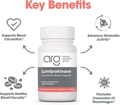 Allergy Research Group Lumbrokinase Supplement - Circulatory System Support, Supports Blood Circulation Already in The Normal Range - 60 Delayed Release Vegetarian Capsules