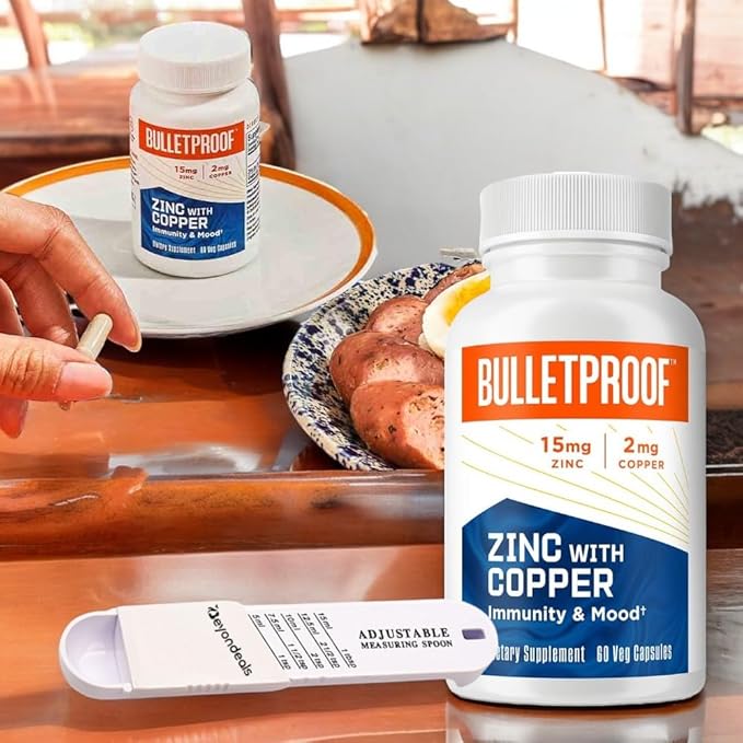 Zinc with Copper, 15mg, 60 Capsules - Immune Support & Mood Enhancer with Balanced 30mg Zinc and 2mg Copper, Non-GMO, Gluten-Free, Bundle with Measuring Spoon [Pack of 2]