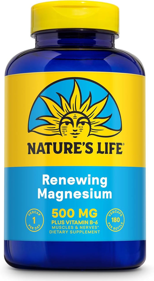 Natures Life Renewing Magnesium 500 mg - Magnesium Citrate, Magnesium Malate, Magnesium Oxide Plus Vitamin B-6 - Muscles and Nerves Support - Lab Verified (180 Servings, 180 VegCaps)