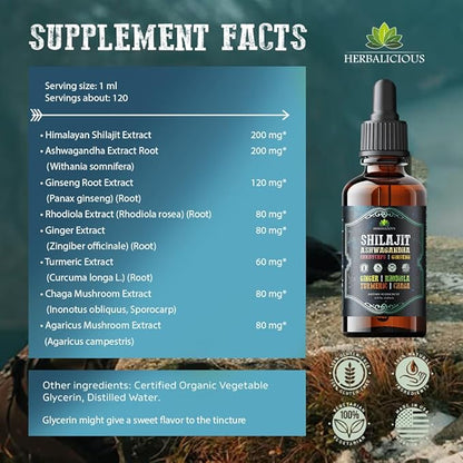 Shilajit Liquid Supplement with Ashwagandha, Cordyceps, Ginseng, Rhodiola, Turmeric, Chaga & Ginger – 8-in-1 Adaptogenic Herbal Drops for Energy, Stress Relief, Focus & Immune Support 4 fl oz