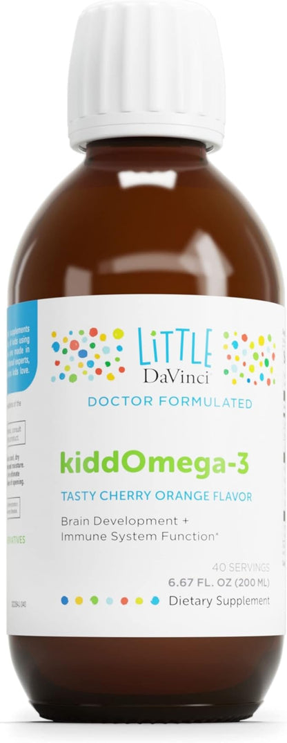 DAVINCI Labs kiddOmega-3 - Liquid Omega-3 Supplement for Kids - for Immune System, Focus and Brain Support* - with Monk Fruit, DHA, EPA and More - Cherry Orange Flavor - 200mL