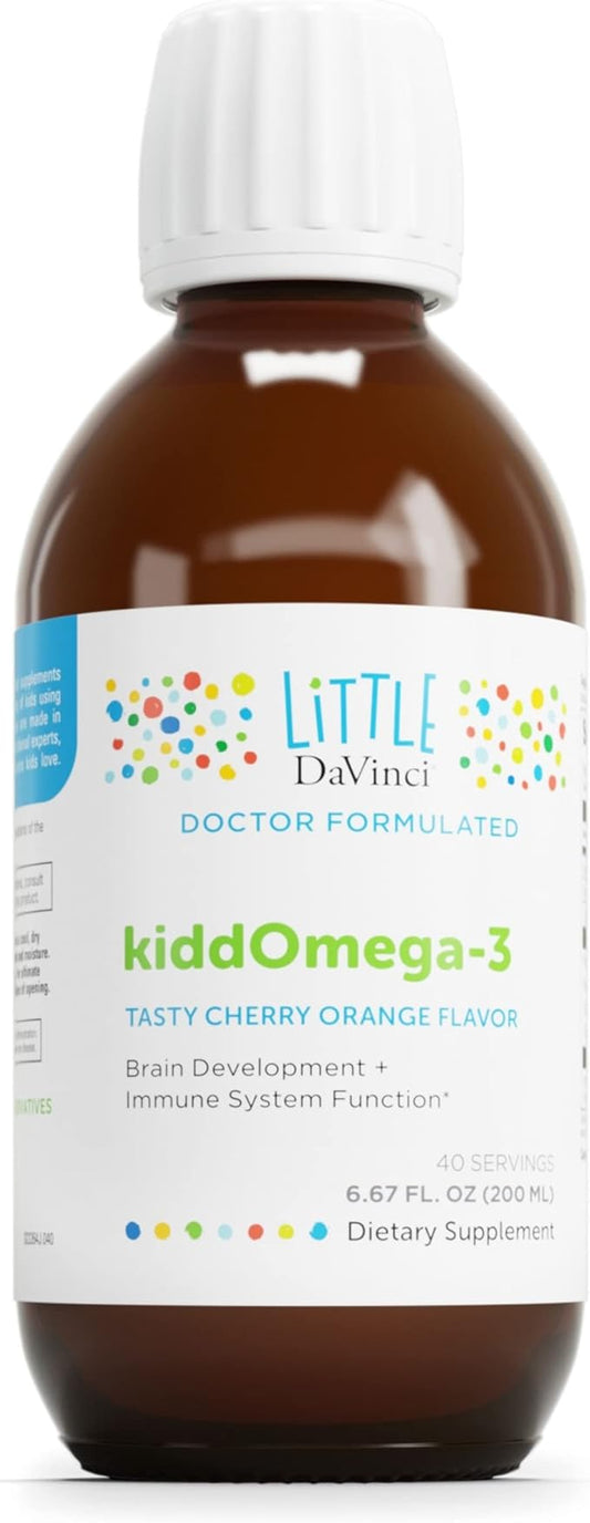 DAVINCI Labs kiddOmega-3 - Liquid Omega-3 Supplement for Kids - for Immune System, Focus and Brain Support* - with Monk Fruit, DHA, EPA and More - Cherry Orange Flavor - 200mL