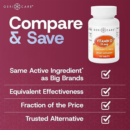 GeriCare Vitamin D 25mcg Tablets, Promotes Healthy Bones & Immune Support, Dietary Supplement, 100 Count (Pack of 1)