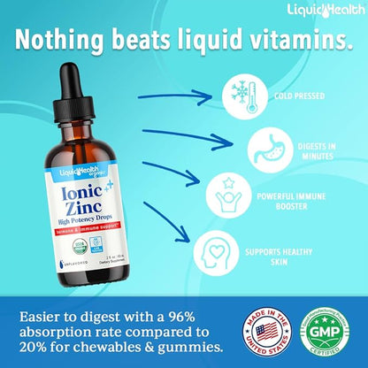 LIQUIDHEALTH USDA Organic Ionic Zinc High Potency Drops - Trace Mineral Liquid Vitamin Supplement for Adults, Kids - Immune & Digestive Support, Skin & Wound Health - USA Made, Vegan, Non-GMO (2 Pack)
