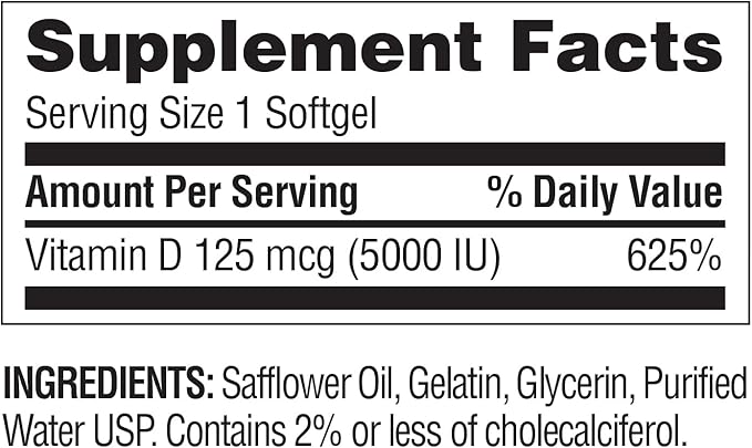 Nature's Wonder Vitamin D3 5000iu (125mcg) High Potency, Dietary Supplement to Support Bone Health and Immune System, Gluten Free, 360 Softgels, 1 Year Supply