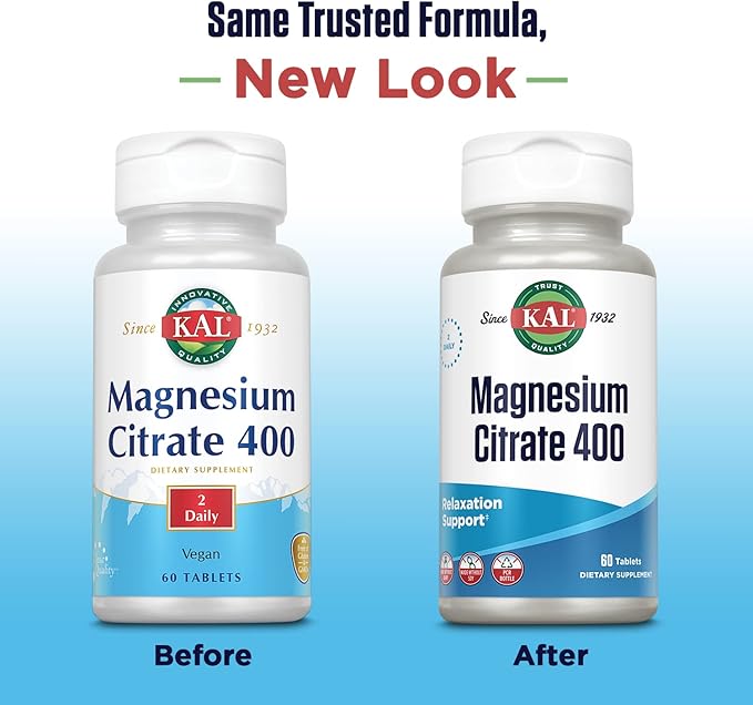 KAL Magnesium Citrate 400mg, Magnesium Supplement for Healthy Muscle Function, Relaxation, Nerve and Circulation Support, Rapid Disintegration ActivTabs, Vegan, Gluten Free, 30 Servings, 60 Tablets