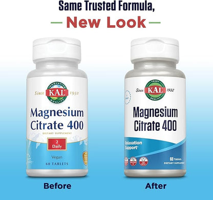 KAL Magnesium Citrate 400mg, Magnesium Supplement for Healthy Muscle Function, Relaxation, Nerve and Circulation Support, Rapid Disintegration ActivTabs, Vegan, Gluten Free, 30 Servings, 60 Tablets