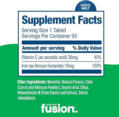 Bariatric Fusion Iron Supplement for Women Quick Melt | Sugar Free Dissolvable Chewable Iron Tablets | Ferrous Fumarate 18 mg Iron with Vitamin C | Melon Berry | Gluten, Dairy and Soy Free | 90 Count