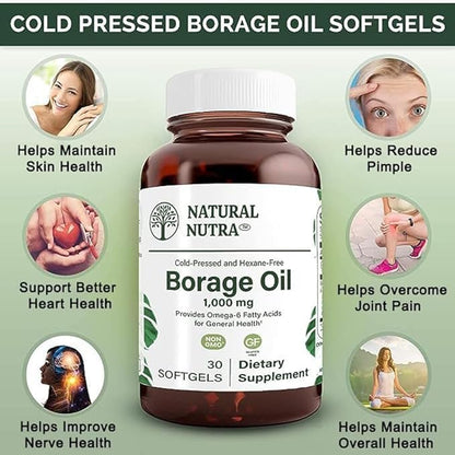 Natural Nutra Borage Oil, Maintain Skin Health, Support Heart Health, Improves Nerve Health, Help Reduce Pimple, Help Overcome Joint Pain, Omega 6 Essential Fatty Acids Supplement 30 Soft gels.