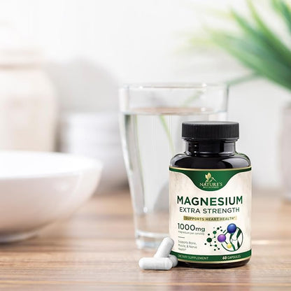 Magnesium Supplement (Citrate Oxide) 1000mg for Best Absorption, Supports Bone, Heart Health, Nerves, Muscles & Metabolism, Nature's Pure Magnesio Vitamin Pills, Bottled in USA, 60 Capsules