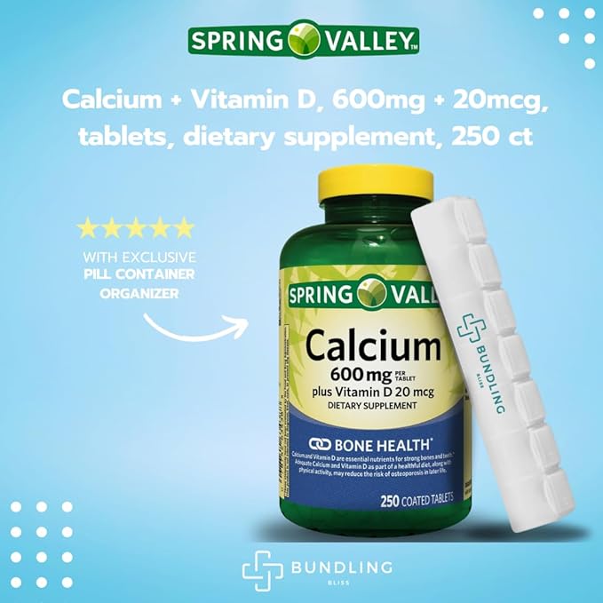 Spring Valley Calcium 600mg Plus Vitamin D, Dietary Supplement Tablets, 250 Count + Bundling Bliss 7 Day Pill Organizer Included - 1 Pack
