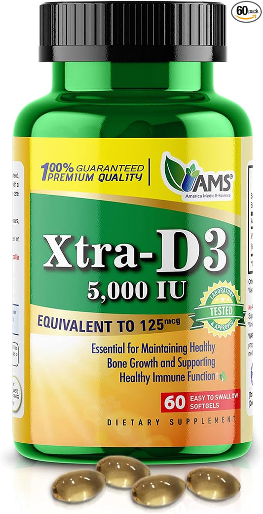America Medic & Science Xtra D3 Vitamin D 5,000 IU (125 mcg) Cholecalciferol Supplement for Men & Women (60 Easy to Swallow Softgels) Best for Bone, Heart Health, Immune System Support, Lung Function