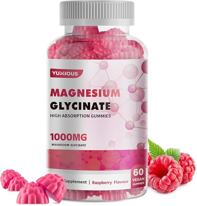 Magnesium Glycinate Gummies 1000mg - for Adults Magnesium Potassium Supplement with Vitamin D, B6, CoQ10 for Calm Mood & Sleep Support - 60 Raspberry Gummies -1 Pack