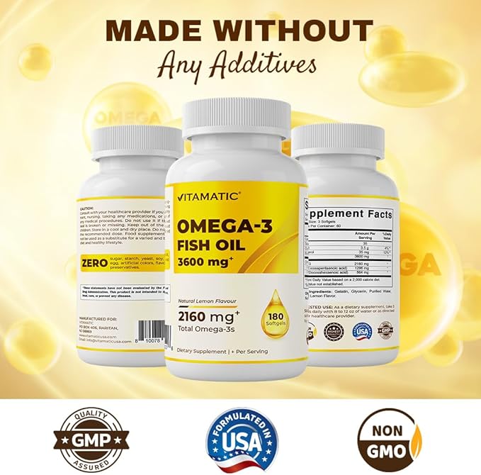Vitamatic Triple Strength Omega 3 Fish Oil 3600mg Per Serving, 2160mg Omega 3 Fatty Acids, 1296mg EPA + 864mg DHA, Burpless Lemon Flavor, 180 Softgels
