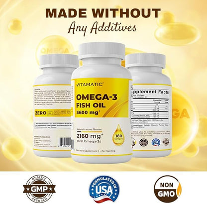 Vitamatic Triple Strength Omega 3 Fish Oil 3600mg Per Serving, 2160mg Omega 3 Fatty Acids, 1296mg EPA + 864mg DHA, Burpless Lemon Flavor, 180 Softgels
