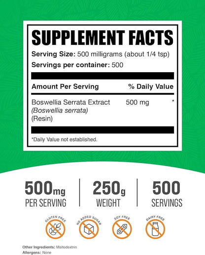 BulkSupplements.com Boswellia Serrata Extract Powder - from Frankincense Resin, Boswellia Serrata Powder - Herbal Supplement, Gluten Free, 500mg per Serving, 250g (8.8 oz) (Pack of 1)