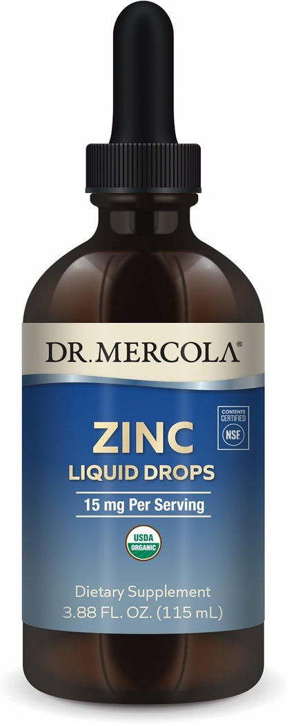 Dr. Mercola Zinc Liquid Drops - Supports Immune & Organ Health - 15 mg Organic Zinc Liquid Drops - USDA Organic - NSF Certified - Non-GMO, Gluten-Free & Soy-Free - 3.88 fl oz (28 Servings)