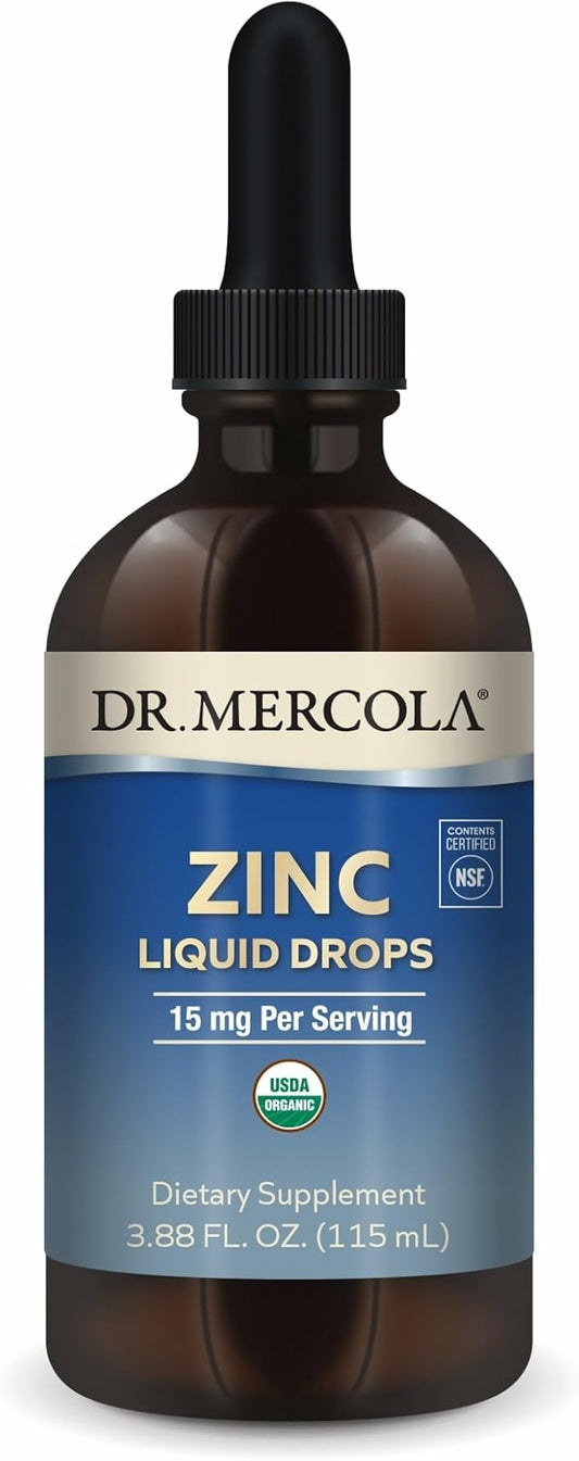 Dr. Mercola Zinc Liquid Drops - Supports Immune & Organ Health - 15 mg Organic Zinc Liquid Drops - USDA Organic - NSF Certified - Non-GMO, Gluten-Free & Soy-Free - 3.88 fl oz (28 Servings)