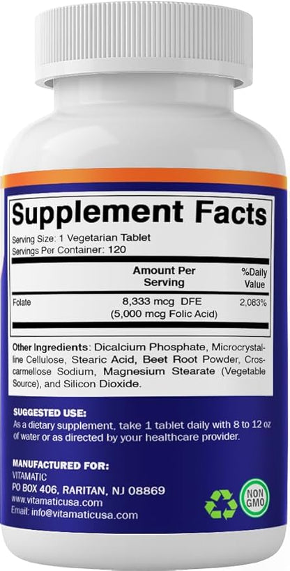Vitamatic Folic Acid 5mg (5000 mcg) – 120 Vegetarian Tablets per Bottle – Vitamin B9 (Folate) – 3-Pack | Total 360 Tablets