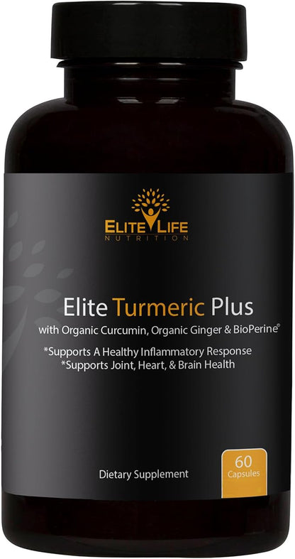 Elite Turmeric Plus - 1700mg Organic Turmeric, Organic Curcumin and Organic Ginger with Bioperine for Maximum Absorption and Strength - 60 Capsules