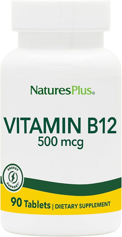 Natures Plus Vitamin B12 (Methylcobalamin) - 500 mcg, 90 Vegetarian Tablets -High Potency Red Blood Cell Support - Natural Energy Booster, Promotes Overall Health - Gluten-Free - 90 Servings