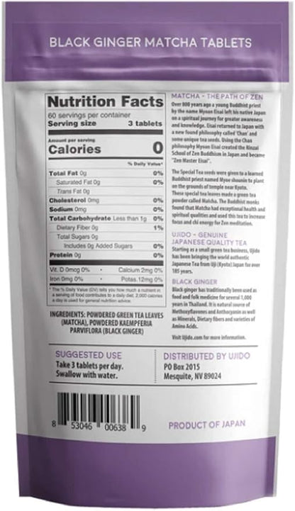 Ujido Black Ginger Matcha Tablets, 180 Tablets – Japanese Matcha Powder – Thai Black Ginger – Hand-Picked Green Tea Leaf Powder – Antioxidant Superfood – Natural Caffeine, Chlorophyll, & EGCG