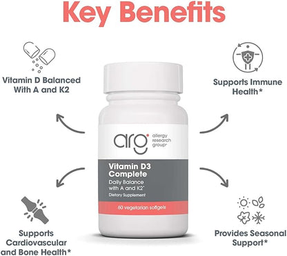 Allergy Research Group Vitamin D3 Complete - Vitamin D3 and K2 Supplement, Daily Balance, with Vitamin A, DeltaGold Tocotrienols, High Potency, Veggie Softgels - 60 Count
