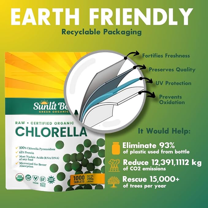 Chlorella Tablets Mega-Pack 1000 Tablets Cracked Cell, Raw, Non-GMO. 100% Pure Chlorella Pyrensoidosa. Green Superfood. High Protein, Chlorophyll & Nucleic acids. No preservatives or fillers - 3-Pack