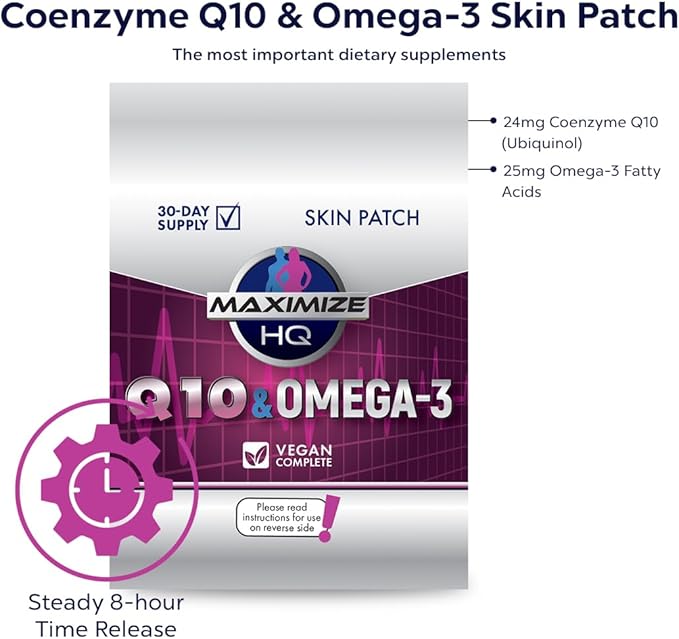 MAXIMIZE HQ Coenzyme Q10 & Omega-3 Patches - Fish Oil - 8 Hour Time-Release - Gluten Free