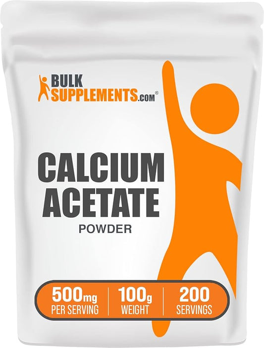 BulkSupplements.com Calcium Acetate Powder - Calcium Supplement - Food Grade & Gluten Free, 500mg (125mg Calcium) per Serving, 100g (3.5 oz) (Pack of 1)