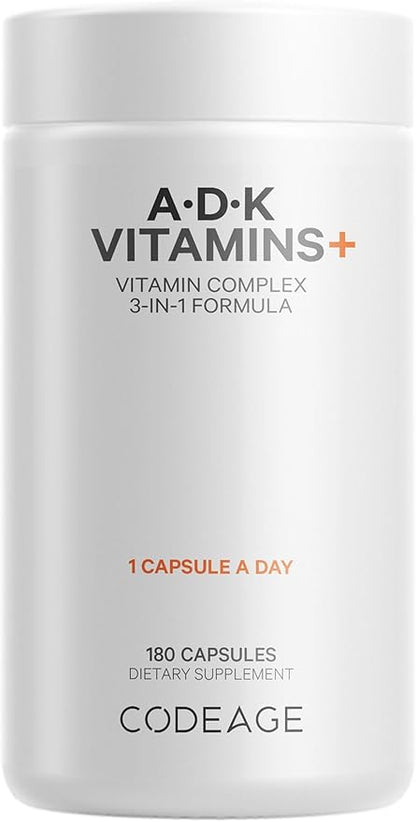 Codeage ADK Vitamins Supplement - Essential Vitamin A, D3 5000 IU, K1 & K2 (MK4 & MK7) - 6-Month Supply - 1 Capsule per Serving, Non-GMO, Gluten-Free - 180 Capsules