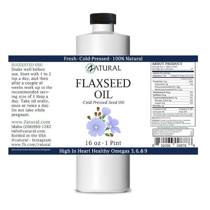 Zatural Flaxseed Oil Organically Grown 100% Pure Flax Seeds Cold Pressed Vegan Omega Fatty Acids 16oz