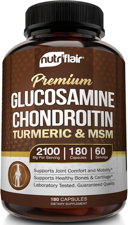 NutriFlair Glucosamine Chondroitin Turmeric MSM Boswellia, 180 Capsules - Joint Comfort Supplement - Natural & Non-GMO - Antioxidant Pills - Supports Back, Knees, Hands, Joints, Cartilage