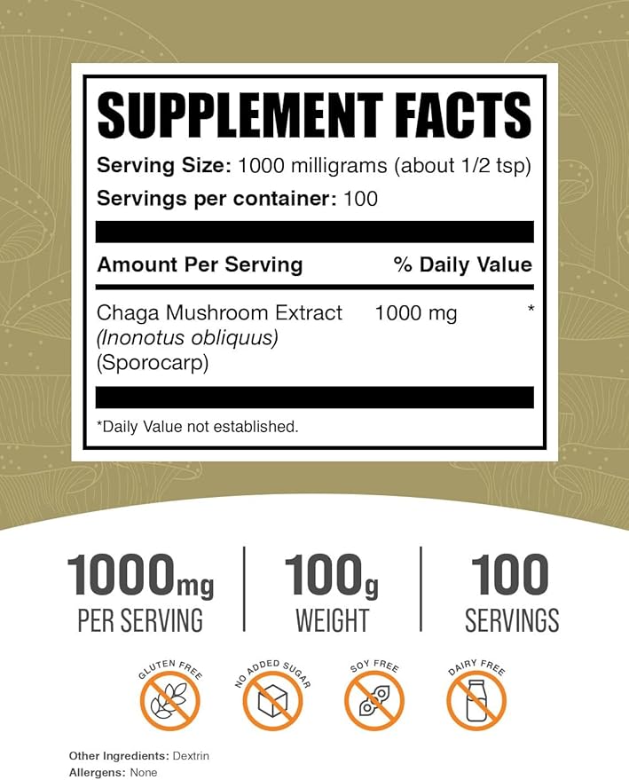 BulkSupplements.com Chaga Mushroom Extract Powder - Superfood Supplement, Chaga Mushrooms Powder - Gluten Free, 1g per Serving, 100g (3.5 oz) (Pack of 1)