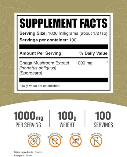 BulkSupplements.com Chaga Mushroom Extract Powder - Superfood Supplement, Chaga Mushrooms Powder - Gluten Free, 1g per Serving, 100g (3.5 oz) (Pack of 1)