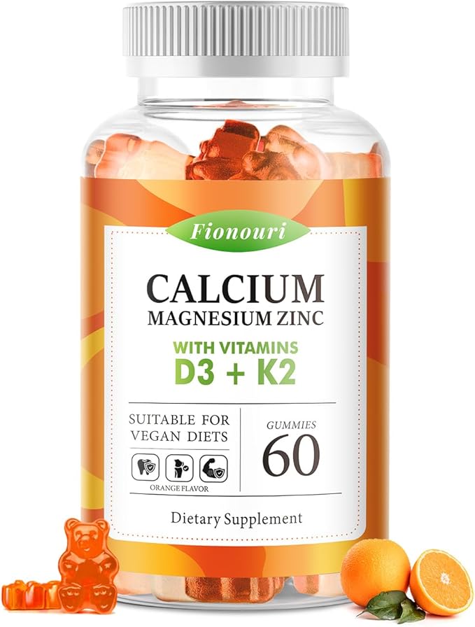 Calcium Magnesium Zinc Gummies with Vitamin D3 & K2 - High Potency Enhanced Absorption -60 OrangeGummies Flavored
