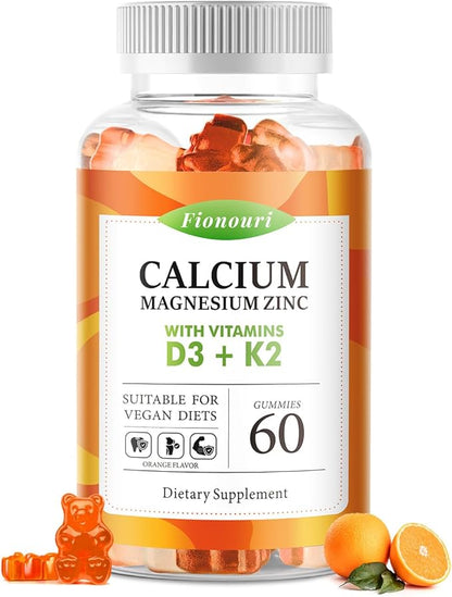 Calcium Magnesium Zinc Gummies with Vitamin D3 & K2 - High Potency Enhanced Absorption -60 OrangeGummies Flavored